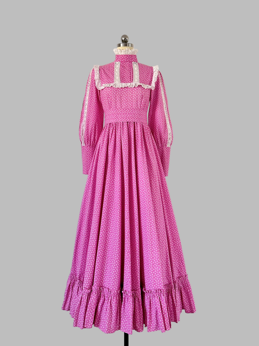 Rare 1970s Laura Ashley Pink Floral Cotton Priarie Dress - Made in