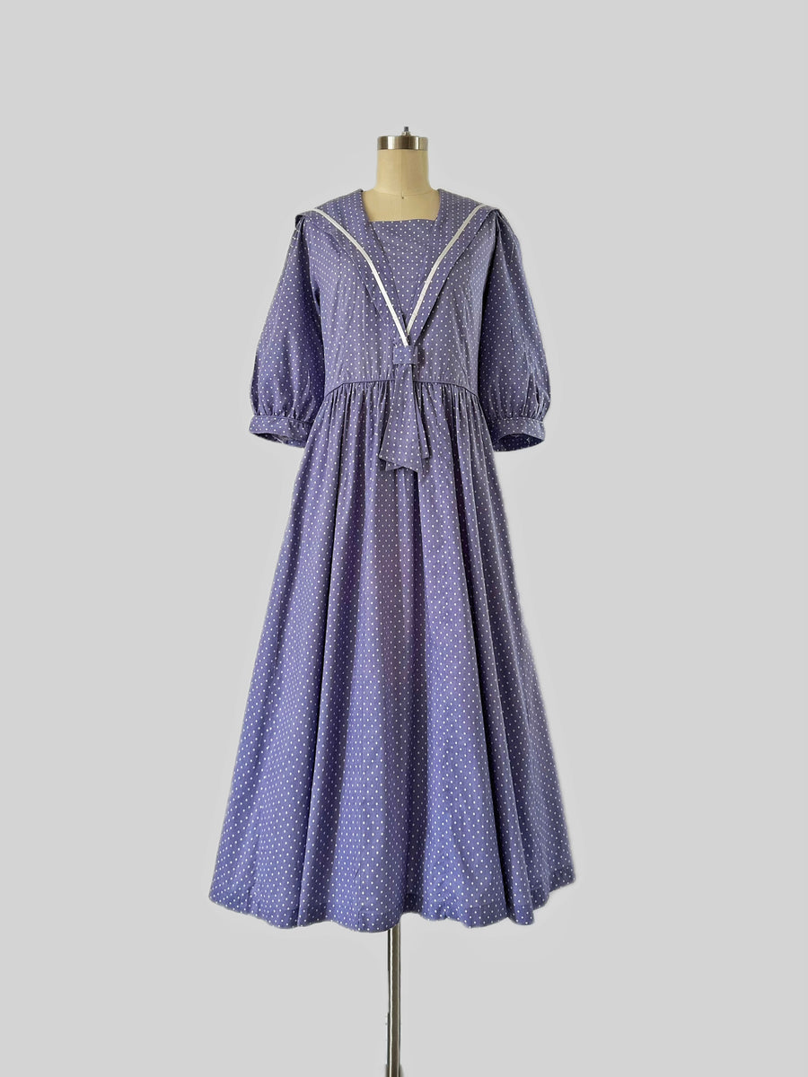 1980s Vintage Laura Ashley Sailor Midi Dress: Blue Polka Dot Prairie D – Dearly Vintage
