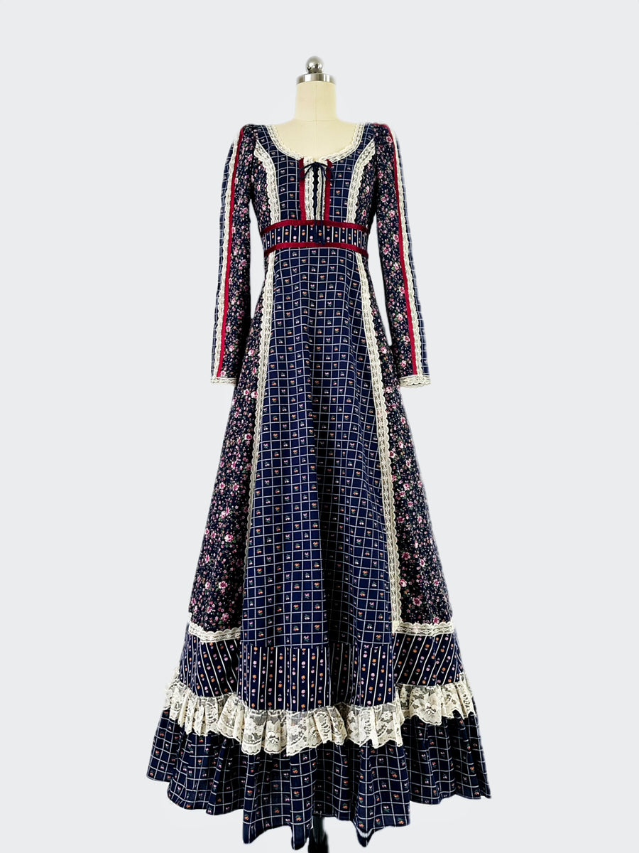 blue calico dress 1880s Floral Blue Calico Dress  F O L K L I N G