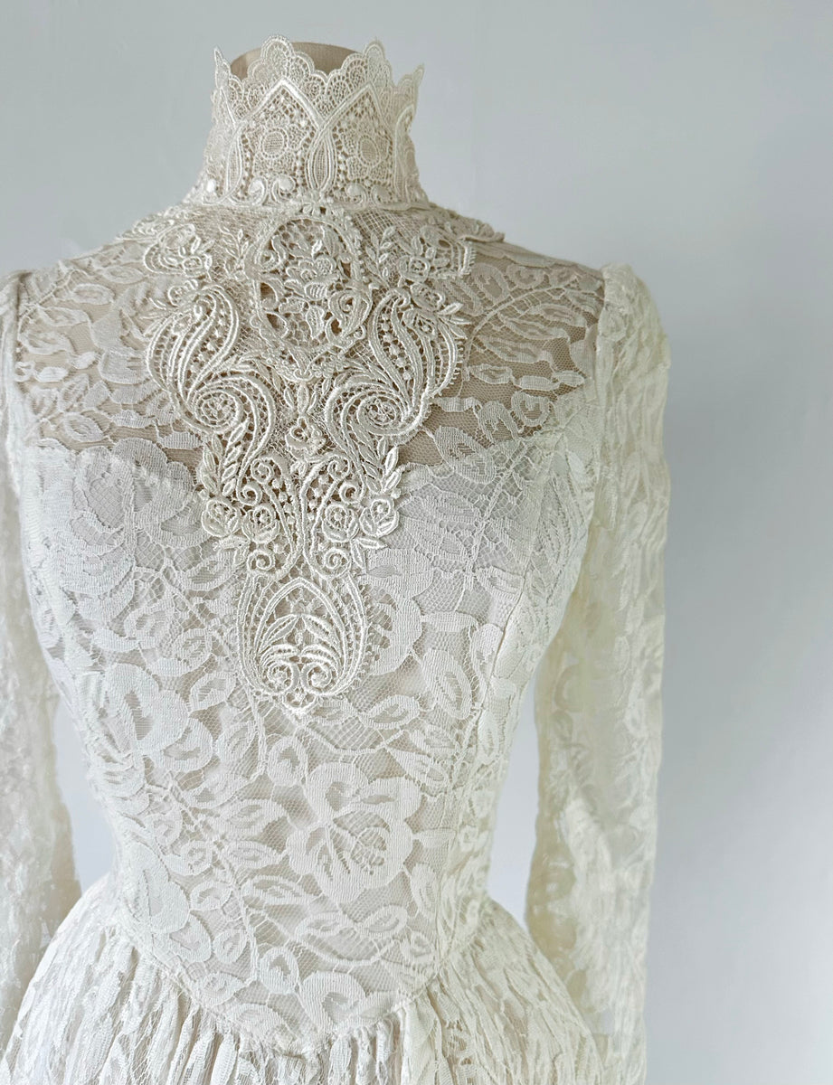 1980s Jessica McClintock Bridal Lace Victorian High Collar Midi