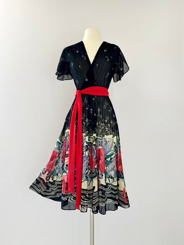 1970s Pleated Floral Chiffon Dress