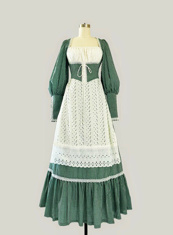 1970s Gunne Sax Priarie Dress in Green and White Gingham
