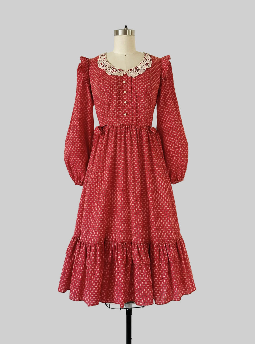 red prairie dress Caroline Made with love in the USA. 1970s Red Floral Lace Trim