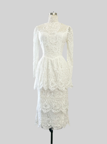 1980s Jessica McClintock Bridal Dress in White Lace