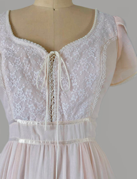 1970s Gunne Sax Blush Pink Lace-Up Maxi Dress