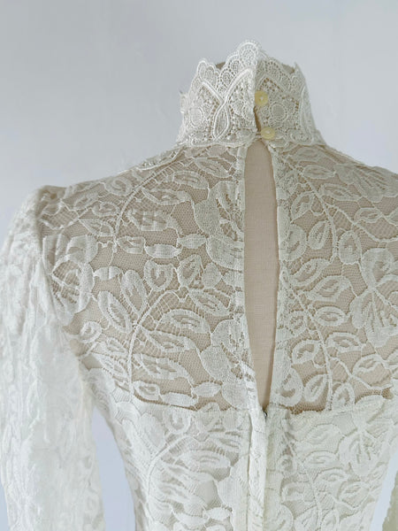 1980s Jessica McClintock Bridal Lace Victorian High Collar Midi Dress