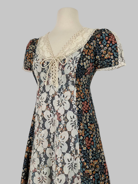1970s Bohemian Floral & Lace Maxi Dress
