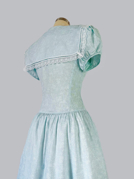 1980s Gunne Sax Ice Blue Floral Sailor Collar Dress