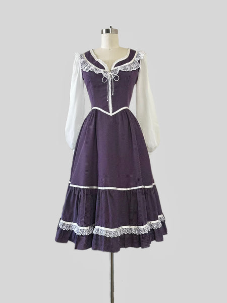 1970s Gunne Sax Polka Dot Lace-Up Prairie Dress