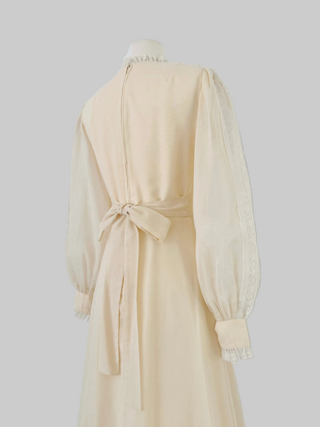 VINTAGE 1970s ivory lace trimmed cotton blend voile maxi dress wedding gown.