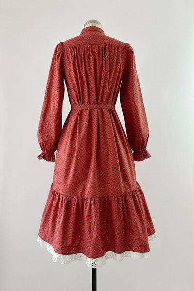 Vintage 1970s belted ruffled tiered floral-print midi dress