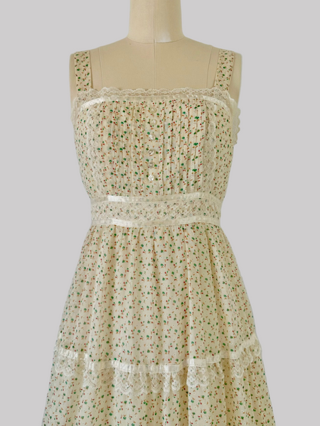 1970s Bohemian Lace-Trimmed Floral Maxi Dress