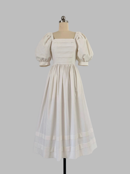 Vintage 1980s Laura Ashley White Cotton Midi dress with puff sleeves 