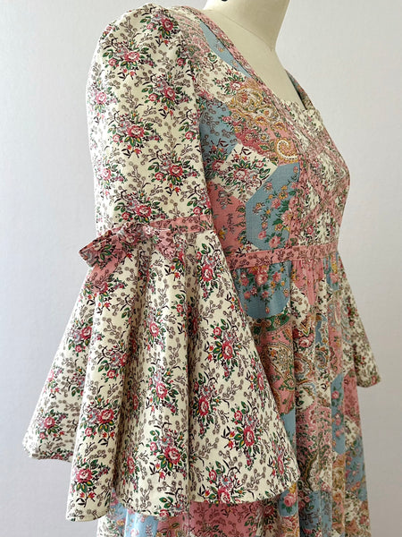 1970s VICKY VAUGHN Vintage Patchwork Floral Print Maxi Dress