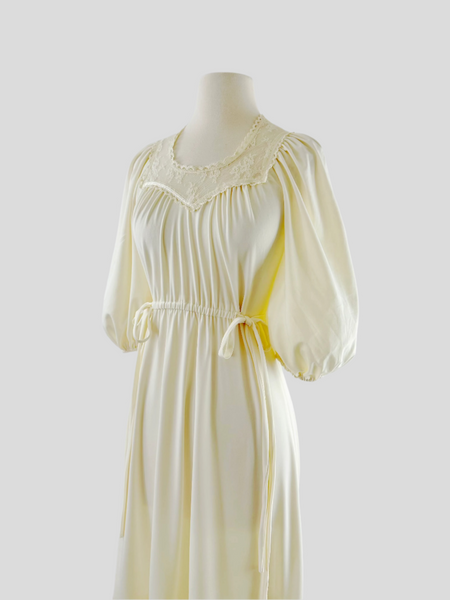 1970s Romantic Lace Trimmed Gown in Candlelight Ivory