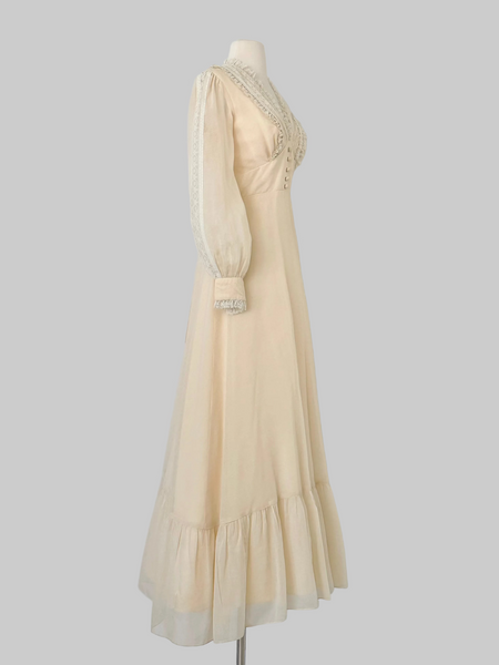 VINTAGE 1970s ivory lace trimmed cotton blend voile maxi dress wedding gown.