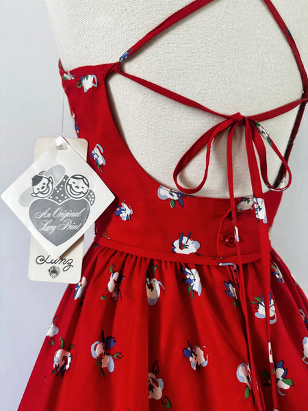 NOS 1980s Lanz Originals Red Tyrolean Floral Crisscross Back Cotton Dress