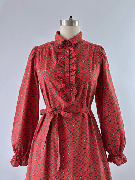 Vintage 1970s belted ruffled tiered floral-print midi dress