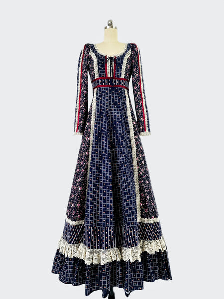 1970s Gunne Sax Lace-Up Blue Calico Maxi Dress