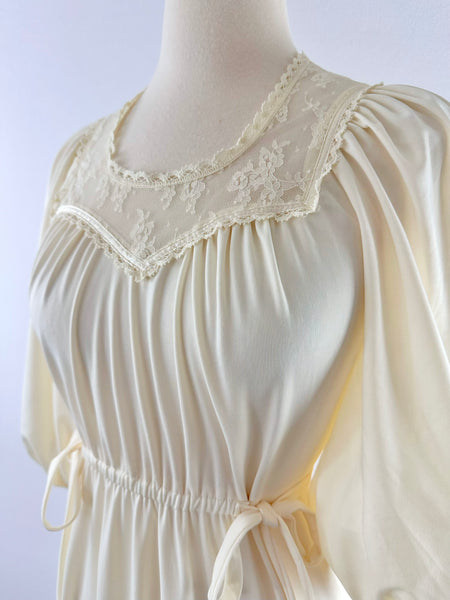 1970s Romantic Lace Trimmed Gown in Candlelight Ivory