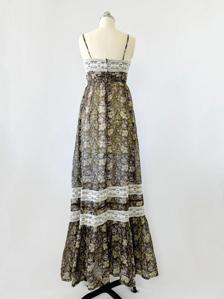 JONATHAN LOGAN Vintage lace-trimmed floral maxi dress, c. 1970