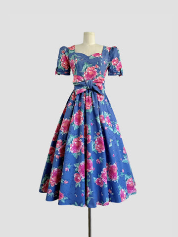 1980s Laura Ashley Dress -  Blue Cabbage Rose