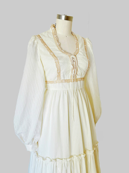1970s Vintage Ivory Pinstripe Lace-Up Maxi Dress