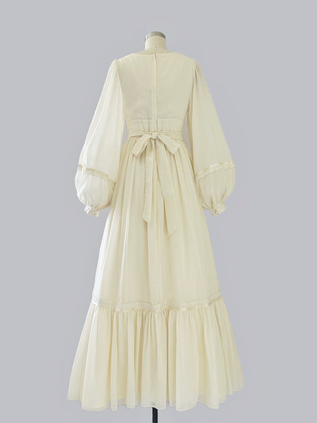 1970s Gunne Sax Ivory Cream Voile Dress