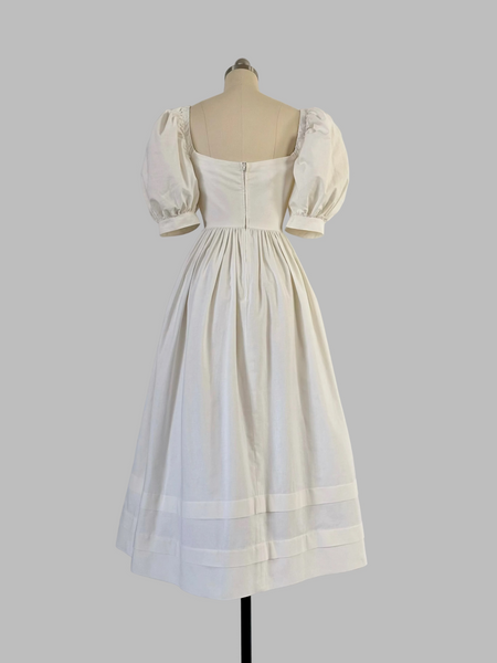 Vintage 1980s Laura Ashley White Cotton Midi dress with puff sleeves 