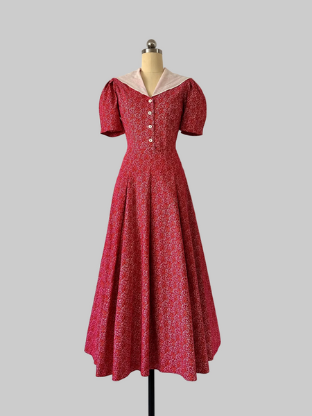 1980s Laura Ashley Cotton Red Floral Sailor Collar Dress
