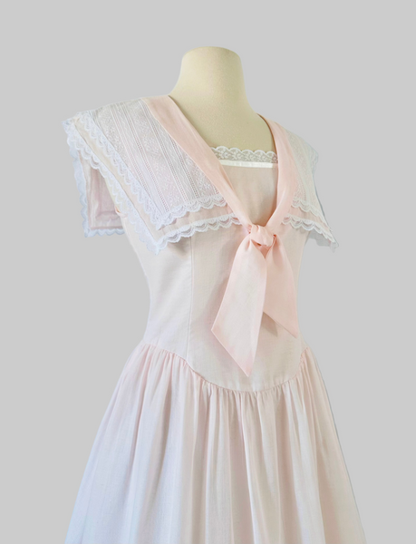 vintage 1980s Pastel Pink Sailor Collar Gunne Sax Midi Dress 