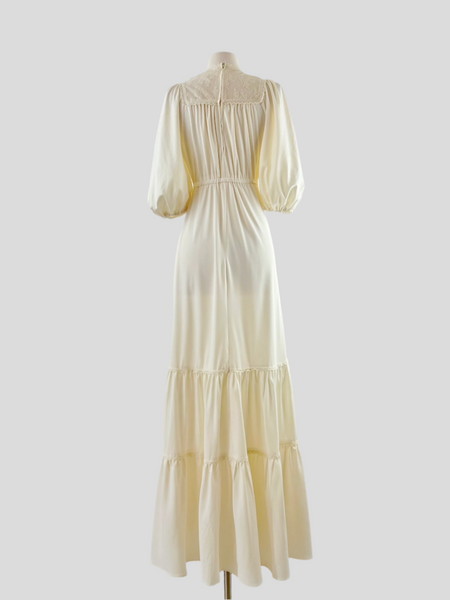 1970s Romantic Lace Trimmed Gown in Candlelight Ivory