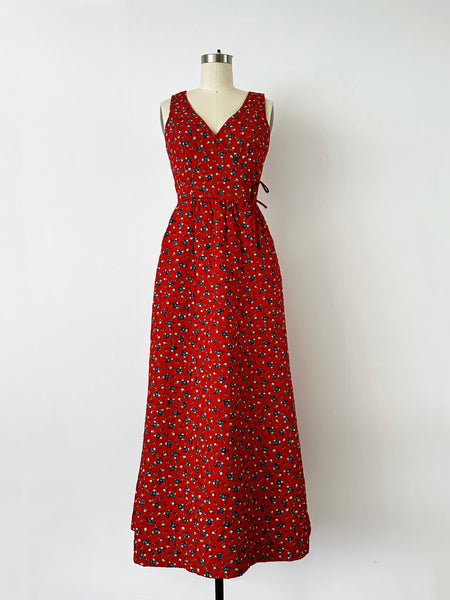 1970s Lanz Original Red Floral Quilted Maxi Dress