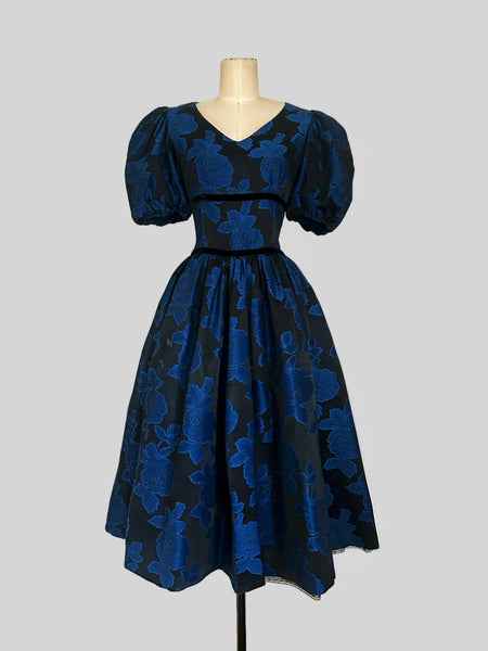 1980s S.G. Gilbert Black Rose Jacquard Dress