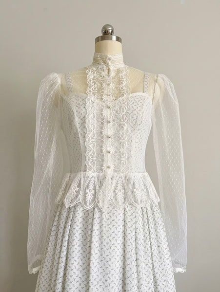1970s Gunne Sax blue floral calico gown and matching lace-trimmed jacket