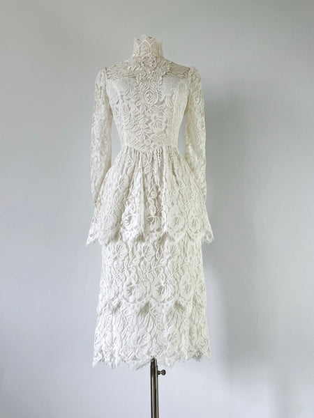 1980s Jessica McClintock Bridal Lace Victorian High Collar Midi Dress
