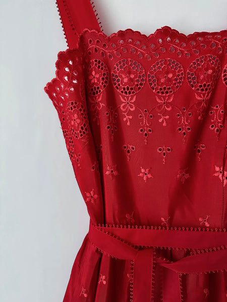 1970s Lanz Red Eyelet Embroidered Sundress with Scalloped Edges