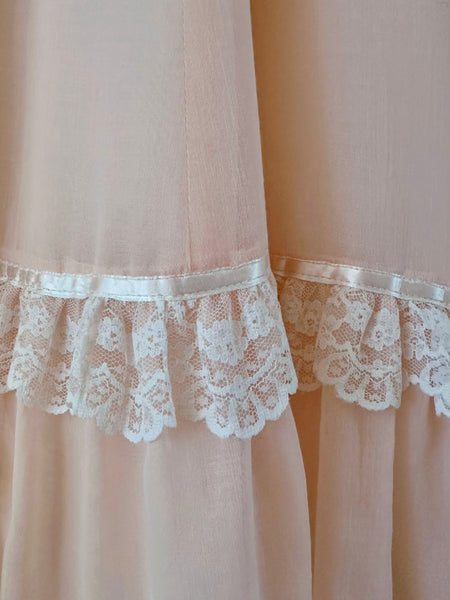 1970s Gunne Sax Peach Prairie Maxi Dress with Lace Sleeves