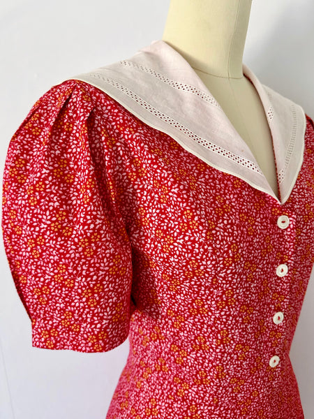 1980s Laura Ashley Cotton Red Floral Sailor Collar Dress