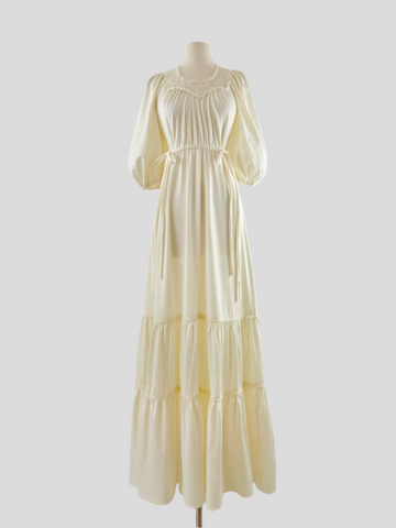 1970s Romantic Lace Trimmed Gown in Candlelight Ivory