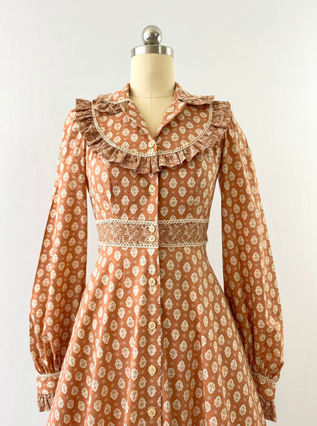 GUNNE SAX Vintage 1970s Tree-print ruffled cotton midi dress