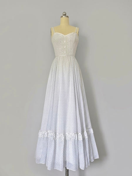 1970s Gunne Sax blue floral calico gown and matching lace-trimmed jacket