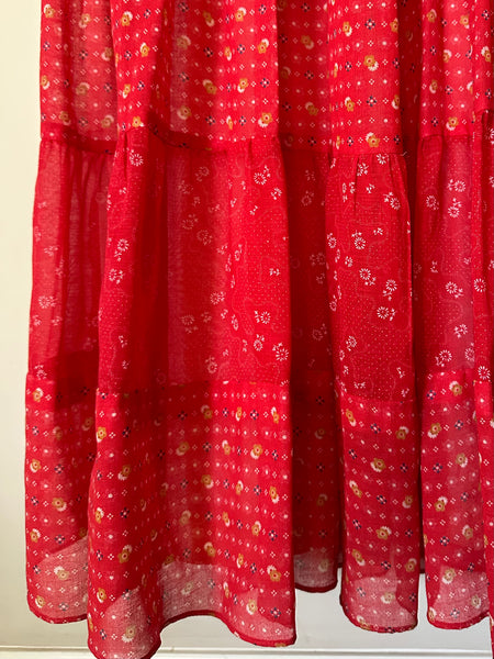 1970s Crimson Red Prairie Western Maxi Dress