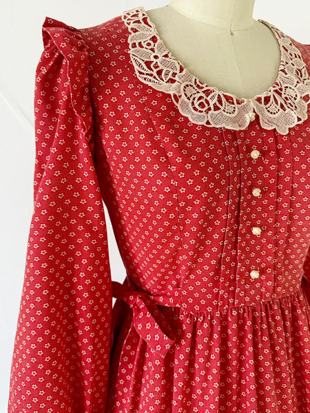 1970s Candi Jones Crimson Calico Prairie Dress