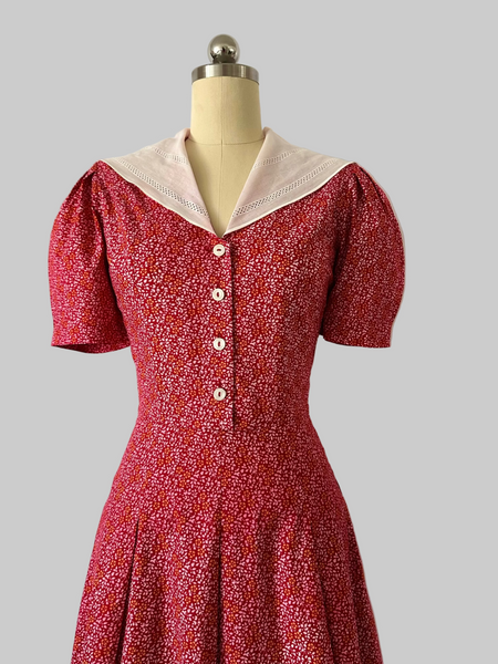 1980s Laura Ashley Cotton Red Floral Sailor Collar Dress