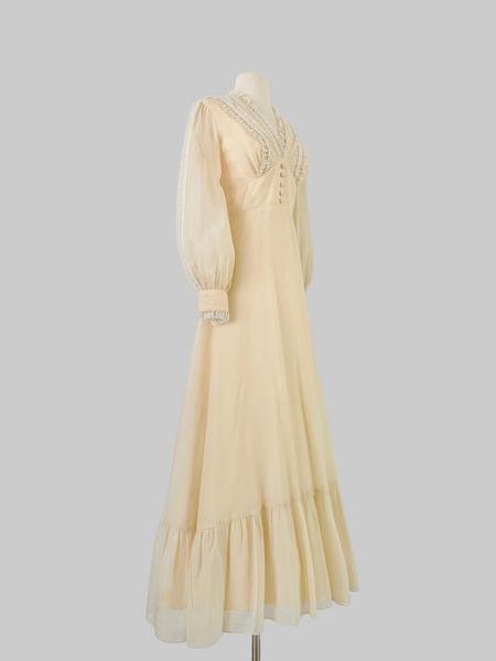 VINTAGE 1970s ivory lace trimmed cotton blend voile maxi dress wedding gown.