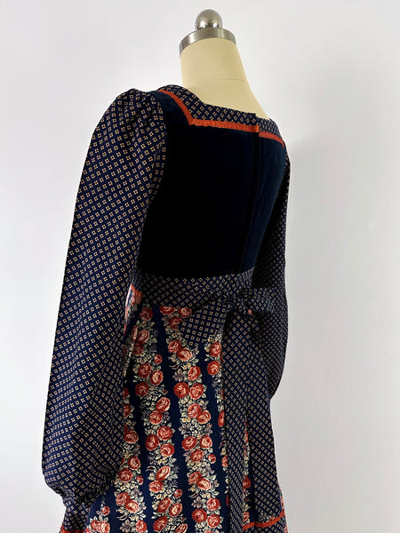 1970s Gunne Sax Velvet and Cabbage Rose print cotton Midi dress