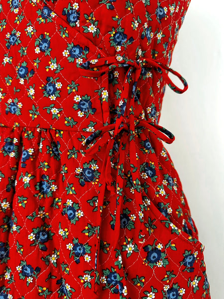 1970s Lanz Original Red Floral Quilted Maxi Dress