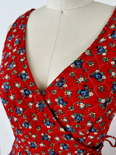 1970s Lanz Original Red Floral Quilted Maxi Dress