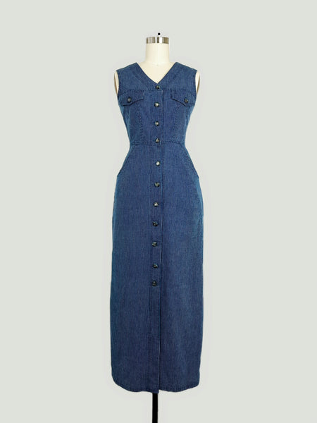 Vintage Sleeveless Buttoned Denim Maxi Dress | 1990s
